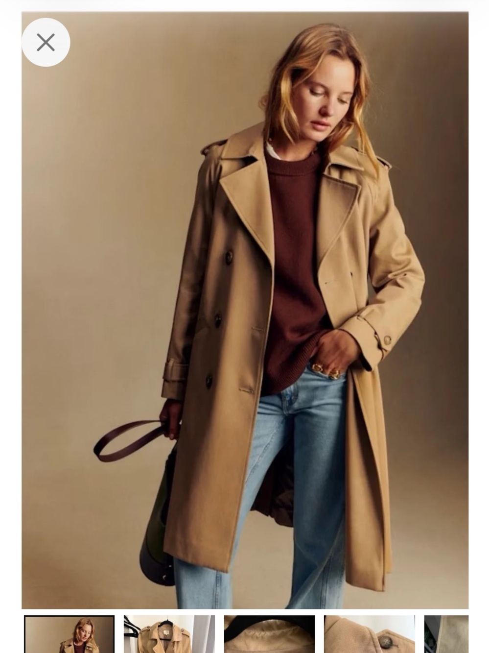 Sezane Classic Camel Double-Breasted Trench Coat